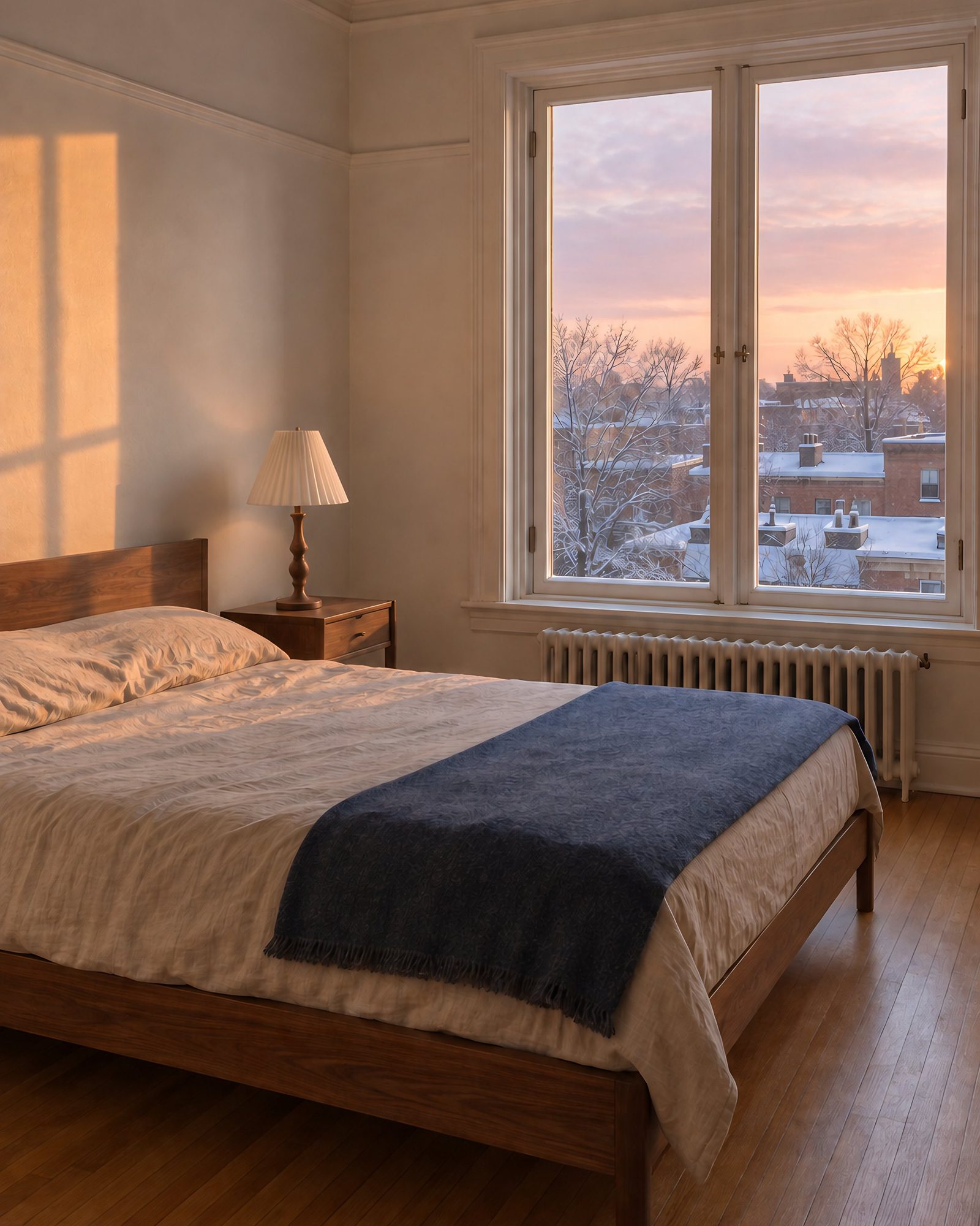 A bedroom in a Minneapolis apartment at sunset: a tall double window onto snowy rooftops and a pink sky, a walnut bed with a blue blanket, a pleated lamp.