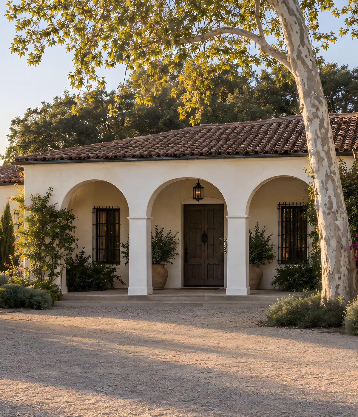 A white stucco house with a red tile roof and three arches around the front door, a pale sycamore beside it, in low evening sun.