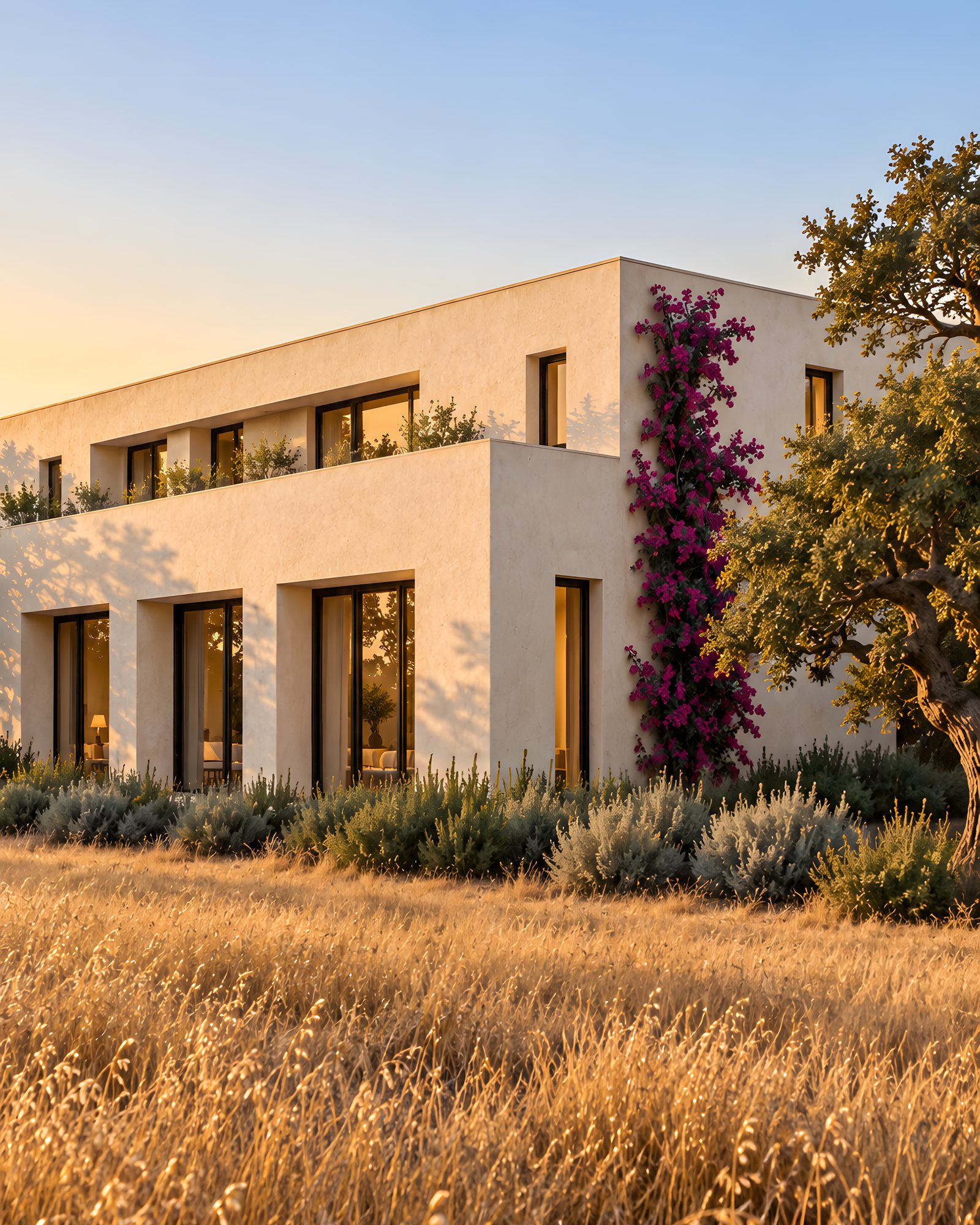 A white plaster house at golden hour: deep-set windows, magenta bougainvillea up one corner, silver planting and a field of dry grass in front.