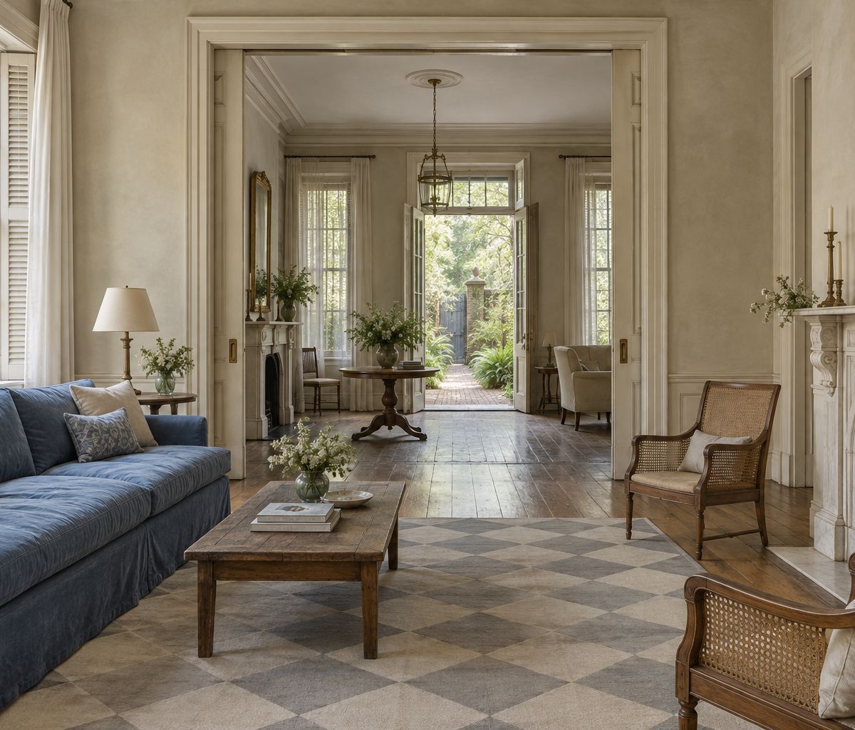 A pale parlor with a blue slipcovered sofa and cane armchairs, looking through wide open doors to a second parlor and a garden door.