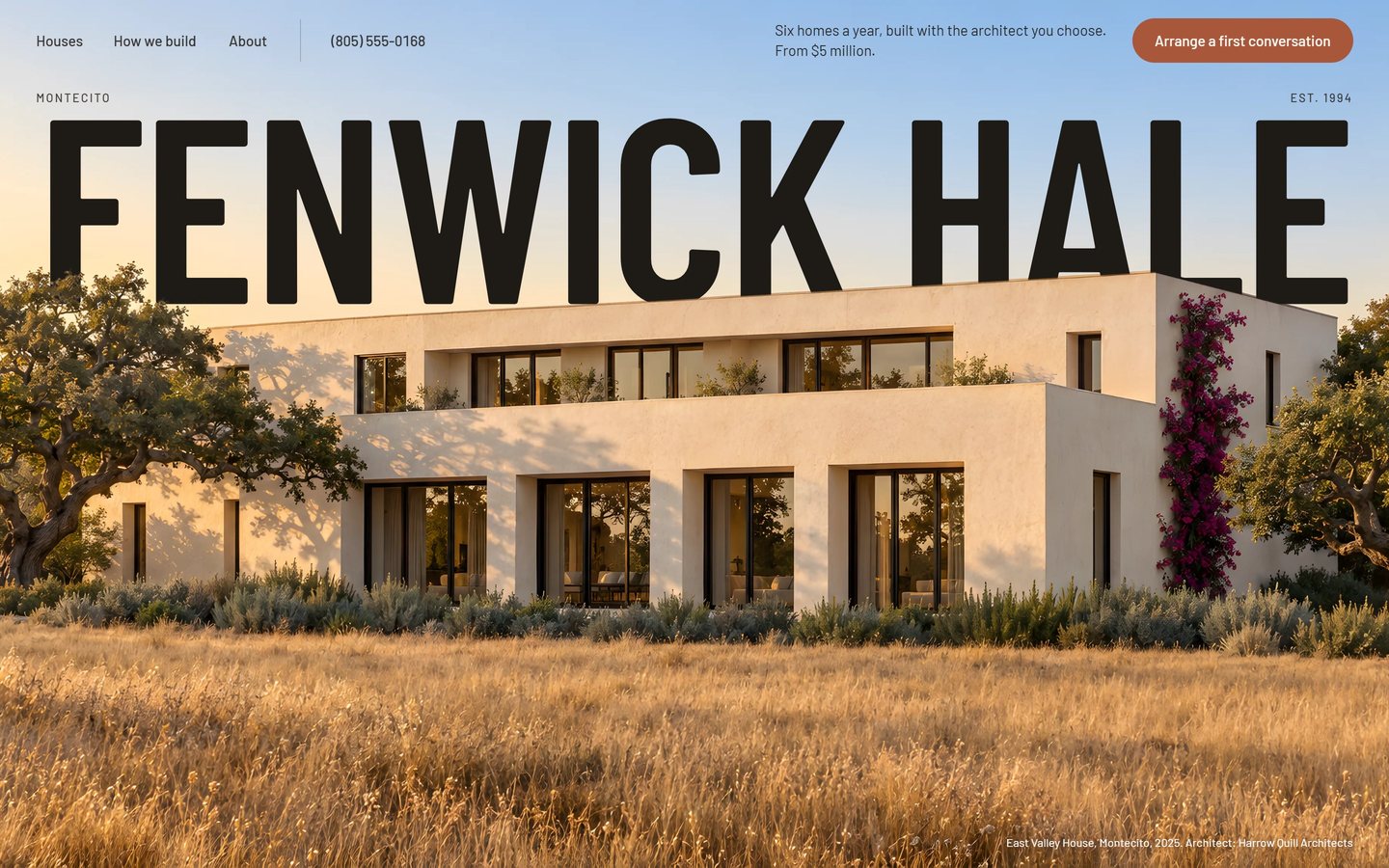 The Fenwick Hale homepage: the name over a white house in golden grass.