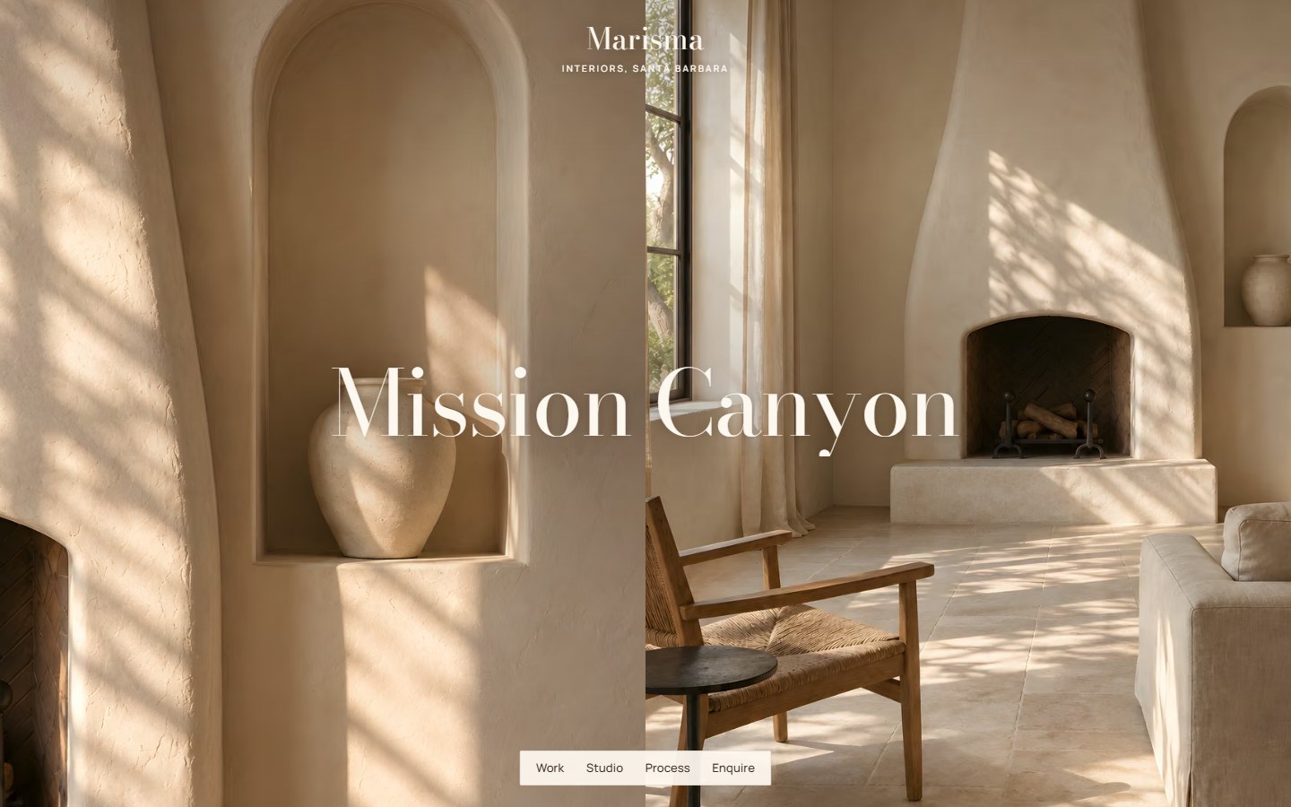 The Marisma homepage: &ldquo;Mission Canyon&rdquo; across two sunlit plaster rooms, the name above.