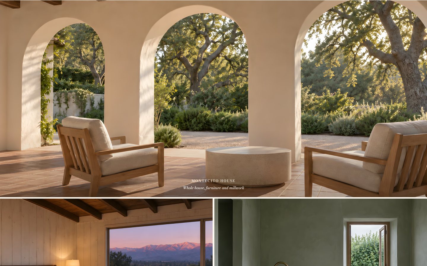 The Marisma houses section: a Montecito loggia of plaster arches and two chairs under the oaks, with two more houses below.
