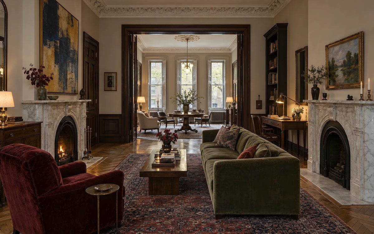 A double parlor from Aldous Marsh: two marble mantels, an oxblood armchair, a green velvet sofa on a red rug.
